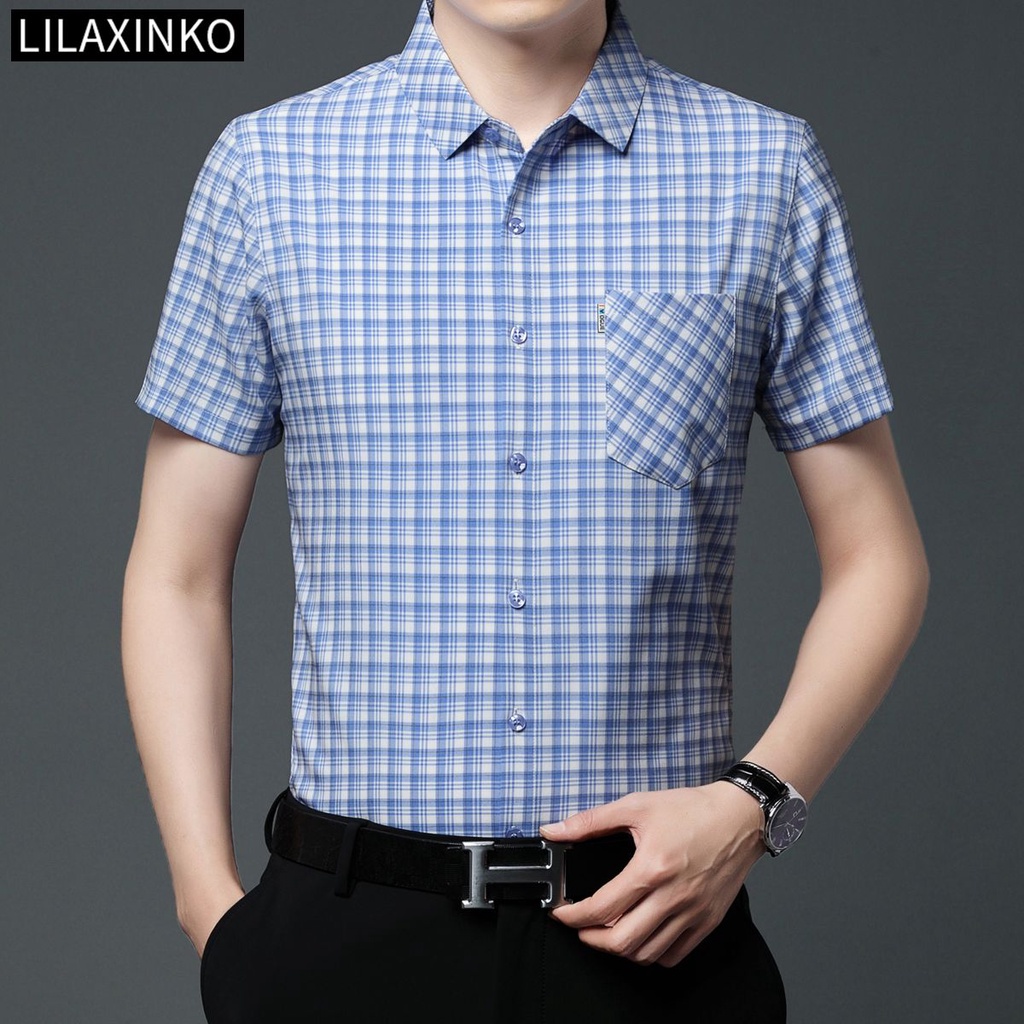 Áo Sơ Mi Cotton Tay Ngắn Có Túi Họa Tiết Sọc Caro 4 Màu Thời Trang Cho Nam