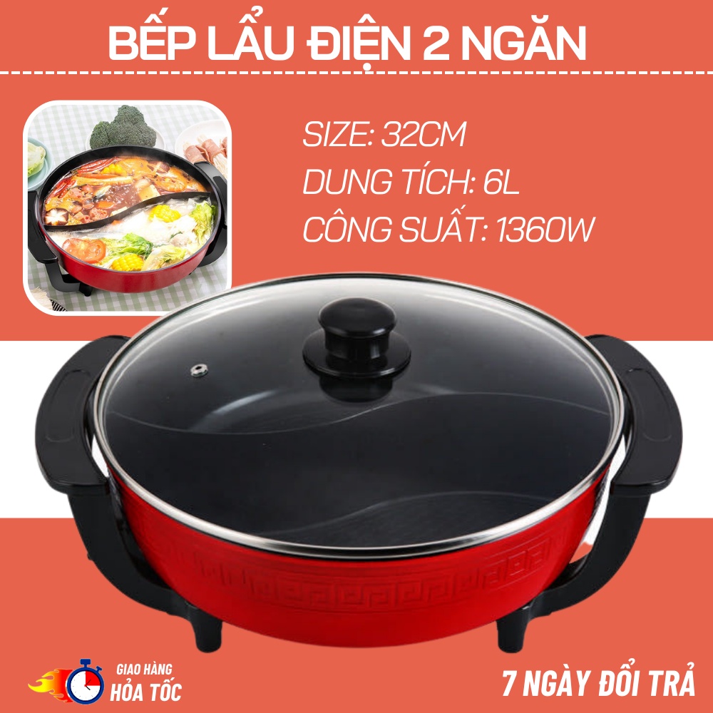 Nồi Lẩu Điện Tròn 2 Ngăn Đa Năng 32CM Cao Cấp Chống Dính, Công Suất 1360W Dung Tích 5L, Phù Hợp Cho Mọi Gia Đình