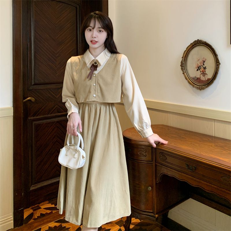 Đầm Chữ A Tay Dài Giả Hai Mảnh Phong Cách Hàn Quốc Cổ Điển Dành Cho Nữ