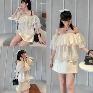 Áo Babydoll trễ vai tay bồng chất voan 2 tầng công chúa- áo hở vai nữ voan tơ tiểu thư màu be sữa hàn quốc