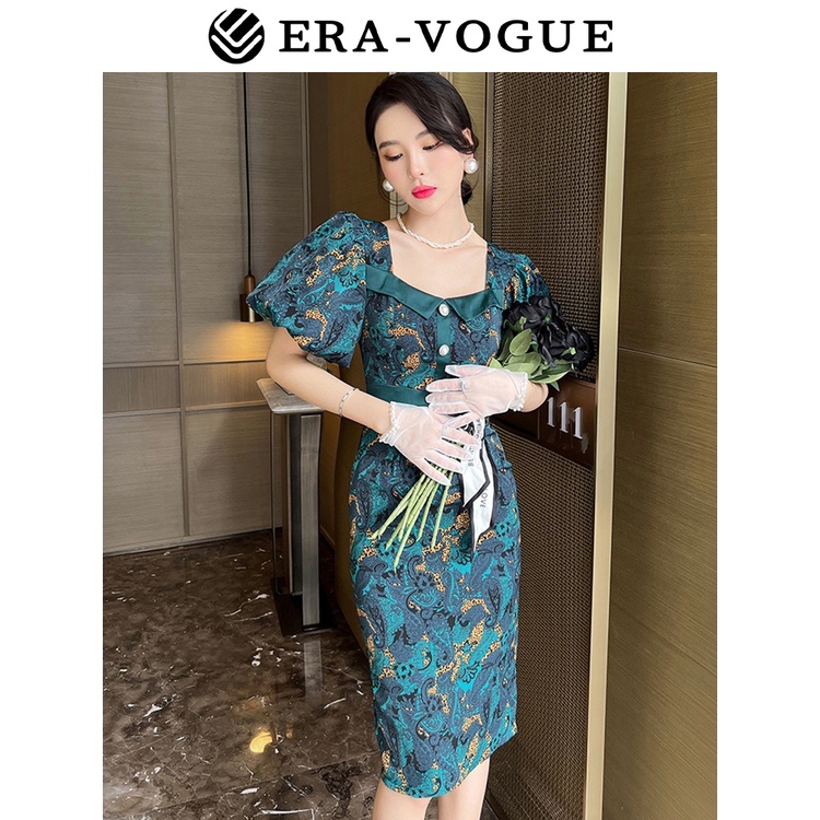 Eravogue🌷 Đầm Cổ Vuông Phồng Dáng Ôm In Họa Tiết Phong Cách Cổ Điển Thời Trang Mùa Hè Việt Nam 20043