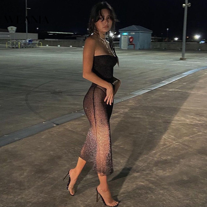 Đầm Dự Tiệc Khoét Vai Phối Lưới Xuyên Thấu Gợi Cảm Cho Nữ