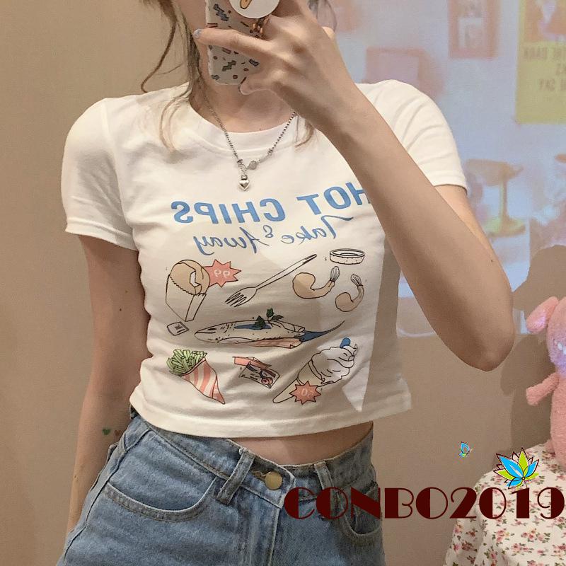 Áo Thun Crop Top Tay Ngắn Cổ Tròn In Họa Tiết Hoạt Hình Và Chữ Thời Trang Mùa Hè Cho Nữ