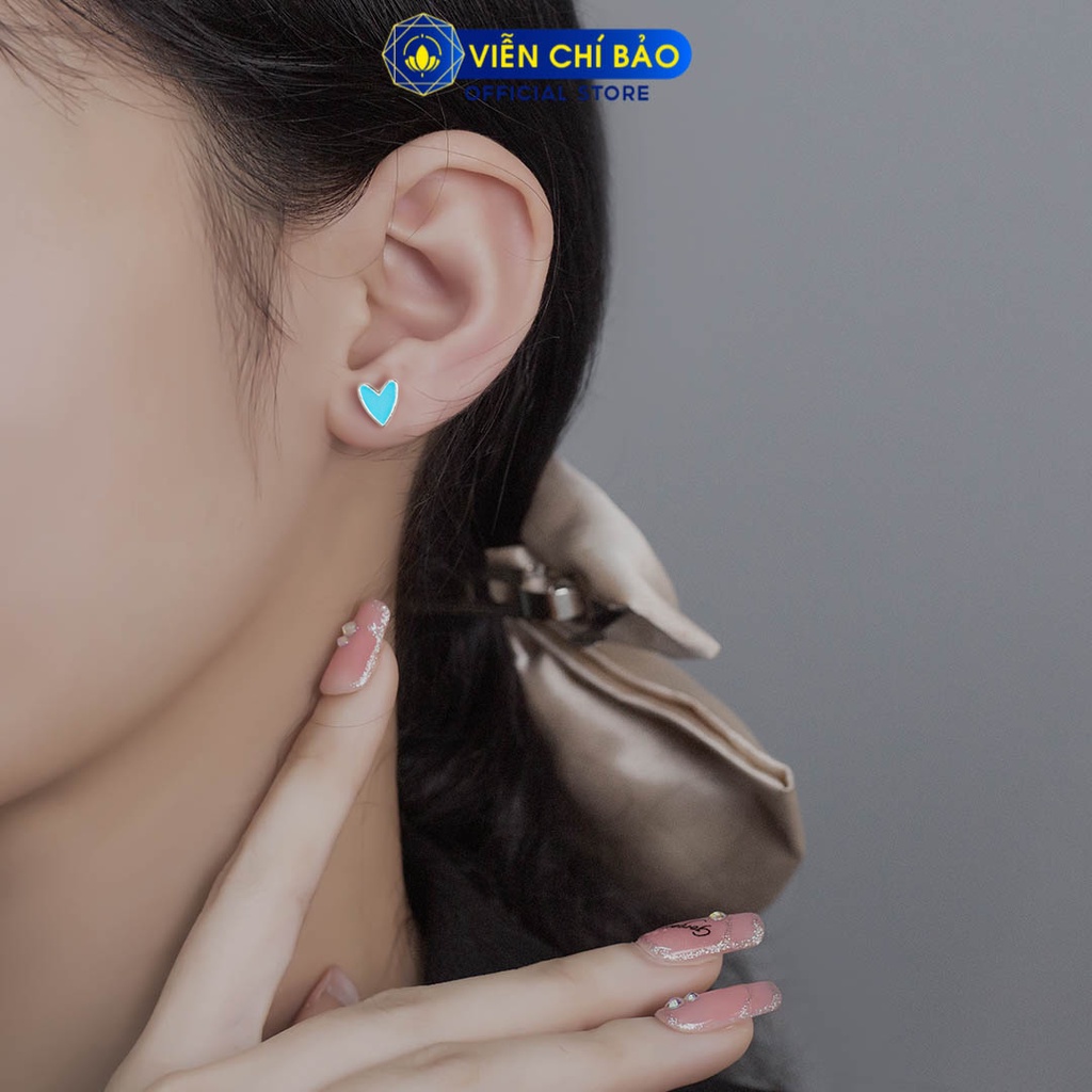 Bông tai bạc nữ trái tim 2 màu hồng- xanh dương chất liệu bạc 925 thời trang phụ kiện trang sức Viễn Chí Bảo B400320