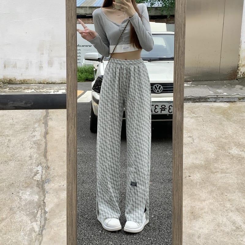 ZHELIHANGFEI Quần Dài Ống Rộng Lưng Cao Họa Tiết Sọc Caro Phong Cách Mỹ