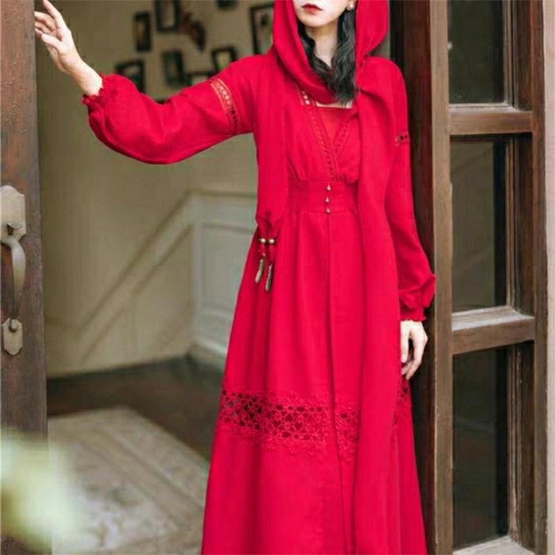 (Maxi có sẵn) đầm maxi đi biển Boho tay dài cổ V xẻ tà kèm khăn choàng nhúm eo phối ren xinh đẹp