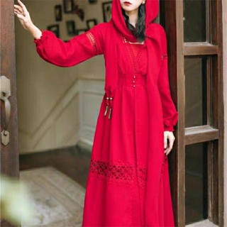 Đầm maxi đi biển Boho tay dài cổ V xẻ tà kèm khăn choàng nhúm eo phối ren xinh đẹp