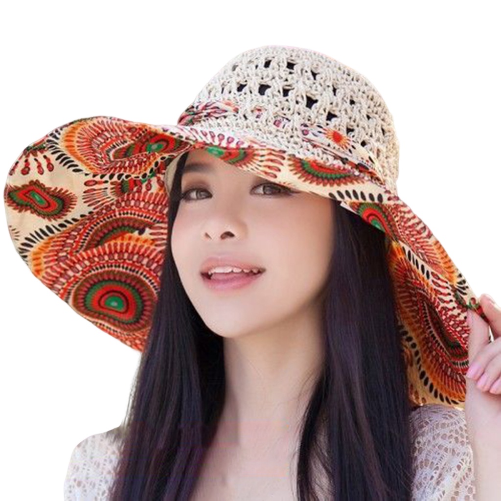 Mũ Rơm Chống Nắng Thoáng Khí In Họa Tiết Dân Tộc Thời Trang Mùa Hè Cho Nữ
