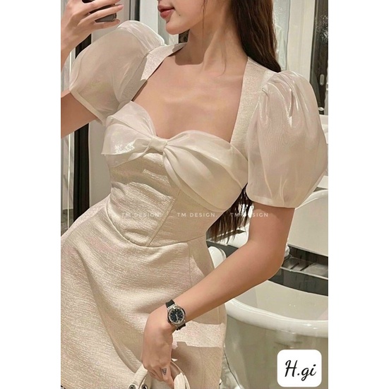 Váy nơ ngực vải tafta tay bồng cực xinh cho nàng xuống phố, party.
