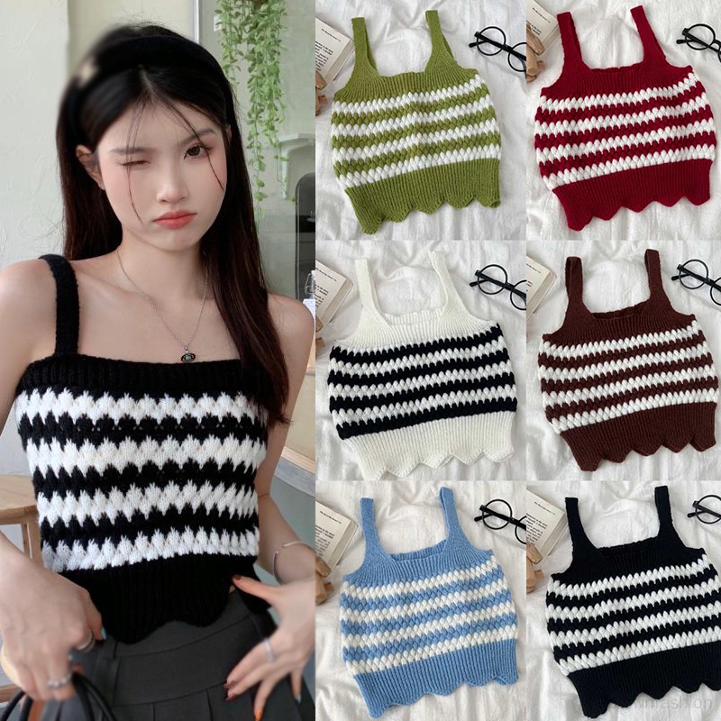 Áo Dệt Kim Sát Nách Họa Tiết Kẻ Sọc Phong Cách Hàn Quốc Cho Nữ