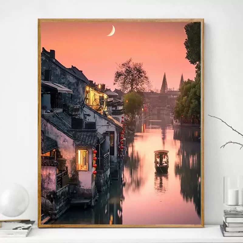 Tranh Thêu Chữ Thập Phong Cảnh Đẹp Năm 2023 Jiangnan Thị Trấn Nước Cổ Điển Thêu Tay