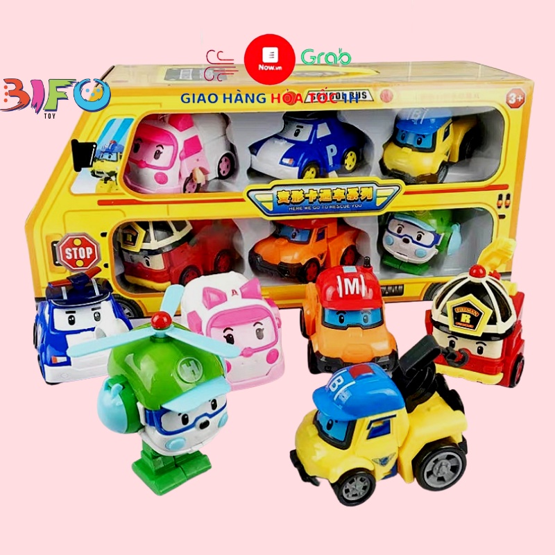 Hộp 6 đồ chơi biến hình biệt đội Robocar Poli 6 xe lắp ráp Policar 2 trong 1