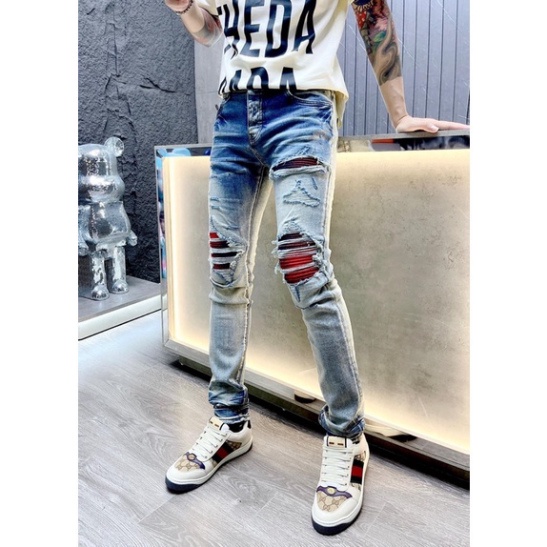 Quần Bò Amiri Mài Xanh Khói Gối Đỏ Quần Jeans Nam Slimfit Wash Amiri màu xanh loang chất co dãn 4 chiều | BigBuy360 - bigbuy360.vn