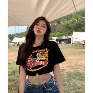 Sugemiusi Áo Thun Crop Top Tay Ngắn Phối Dây Xích Dễ Phối Đồ Hợp Thời Trang Cho Nữ