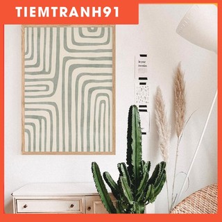 Tranh treo tường | Tranh trừu tượng - Sage green geometric line art print, simple green & beige lines poster