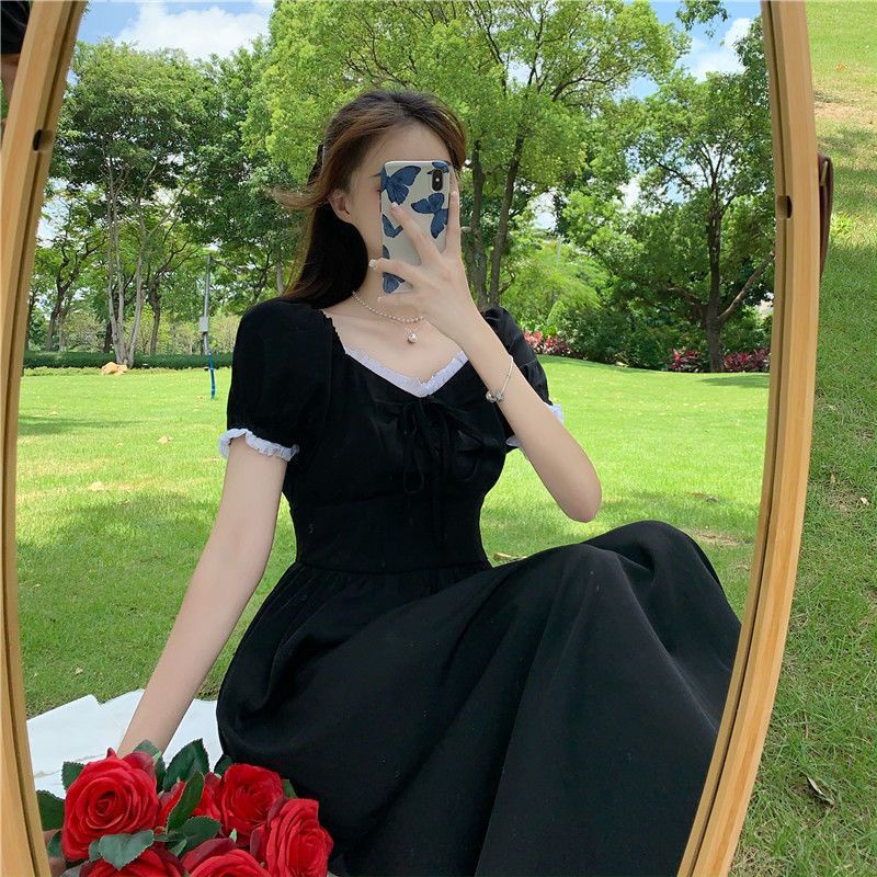 Happy-store ❤️ Pháp siêu khí chất cổ tích váy dài vừa phải mùa hè của phụ nữ tay phồng eo eo cao thiết kế màu trơn