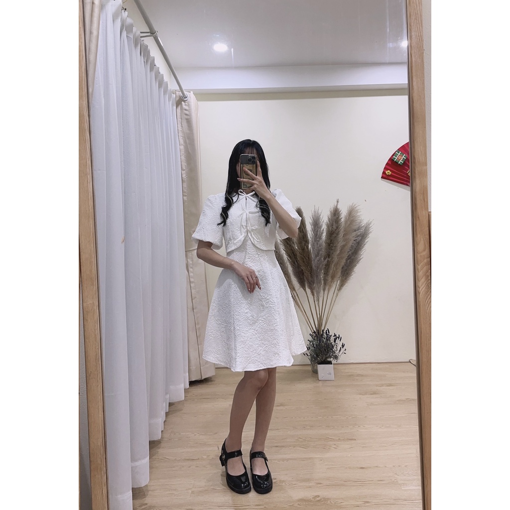 Váy Đầm Xốp Trắng Giả Cặp 3 Nơ Tay Ngắn Thời Trang Nữ | Vui Vẻ Shop