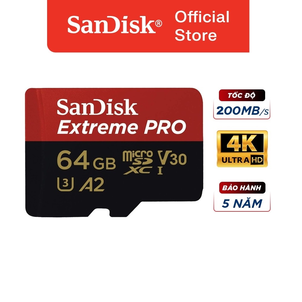 Thẻ nhớ microSDXC SanDisk Extreme Pro 64GB V30 A2 tốc độ upto 200MB/s + Adapter