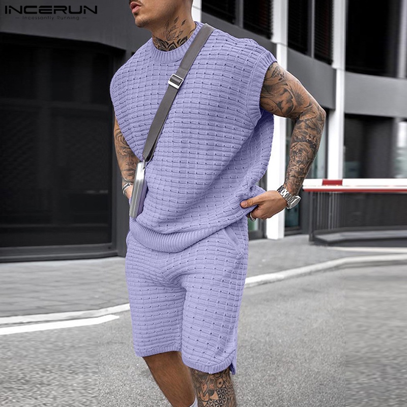 Set đồ INCERUN gồm áo không tay đơn giản và quần short thời trang cao cấp