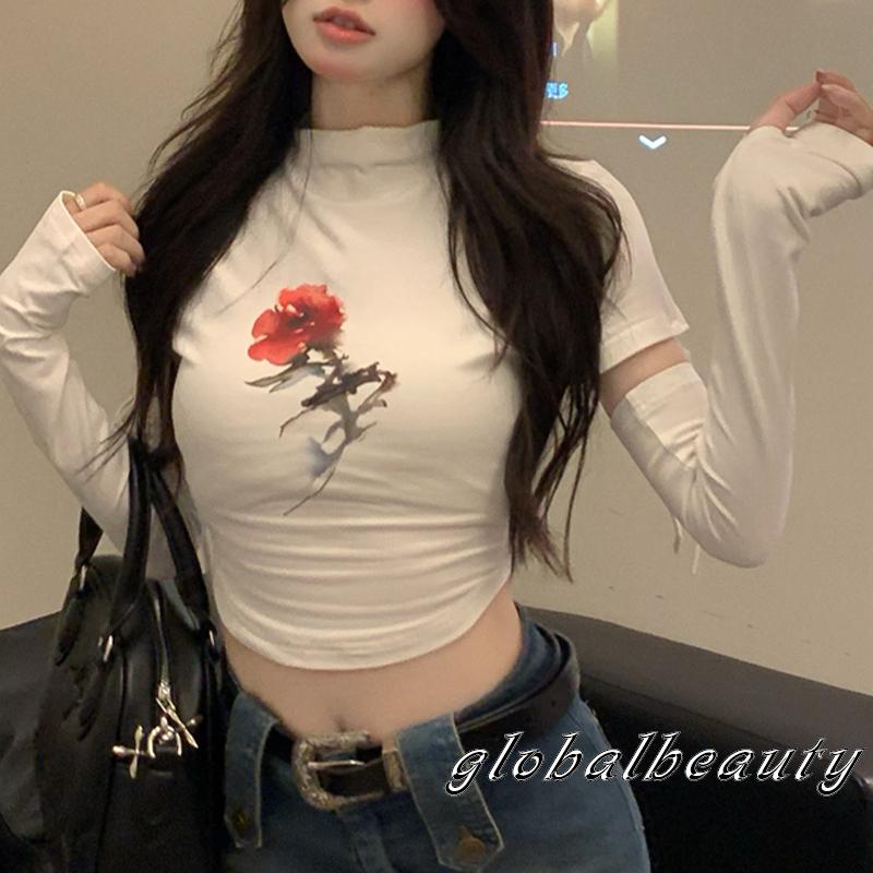 Áo Croptop Tay Dài In Họa Tiết Hoa Hồng Khoét Rỗng Gợi Cảm Cho Nữ