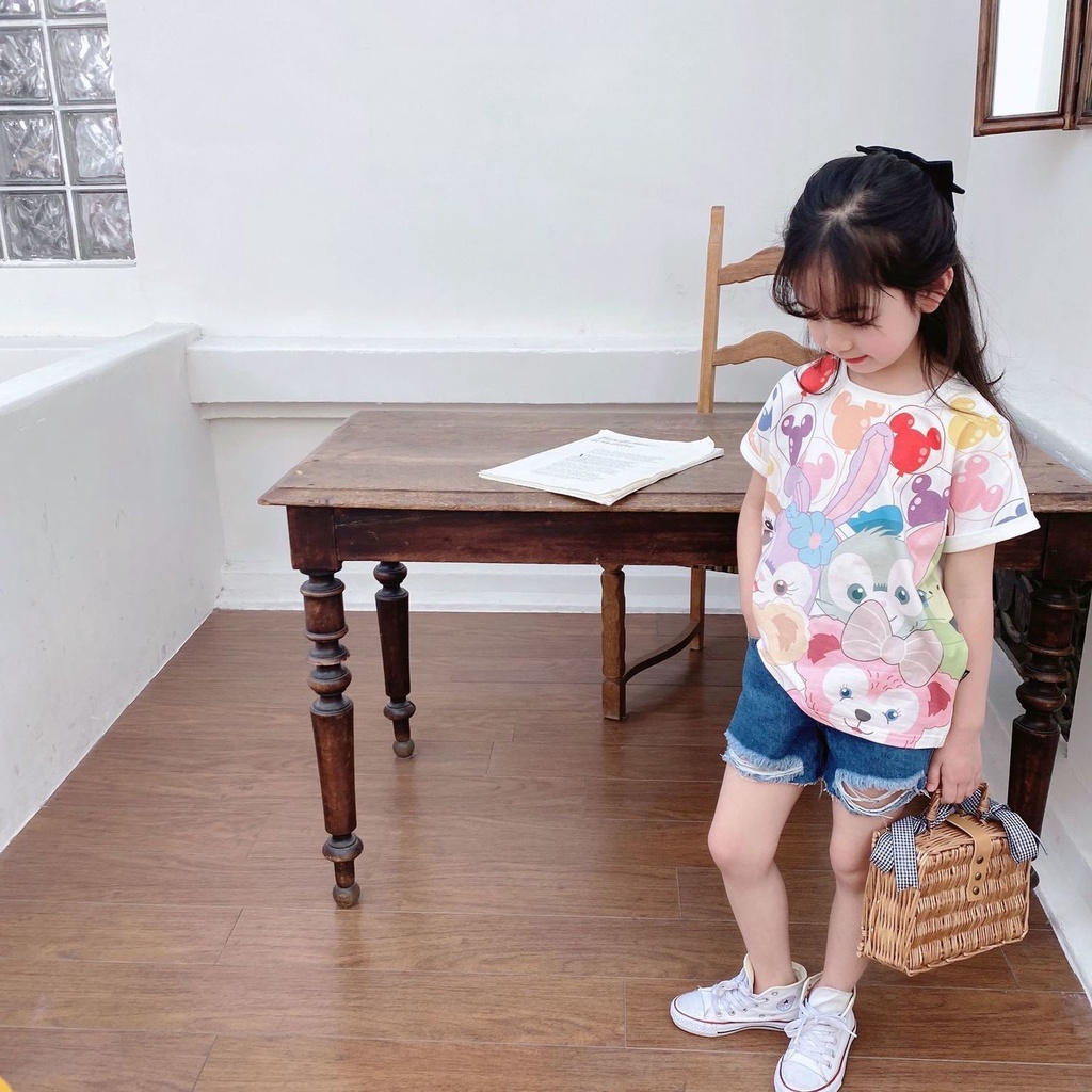 Babyfair Áo sơ mi bé gái vừa vặn giản dị Thời trang ngắn tay nhân vật hoạt hình dễ thương cho