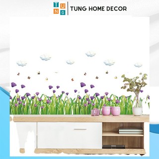 Decal dán tường hàn quốc trang trí chân tường phòng ngủ tung decor sk7005 hoa đồng tiền tím