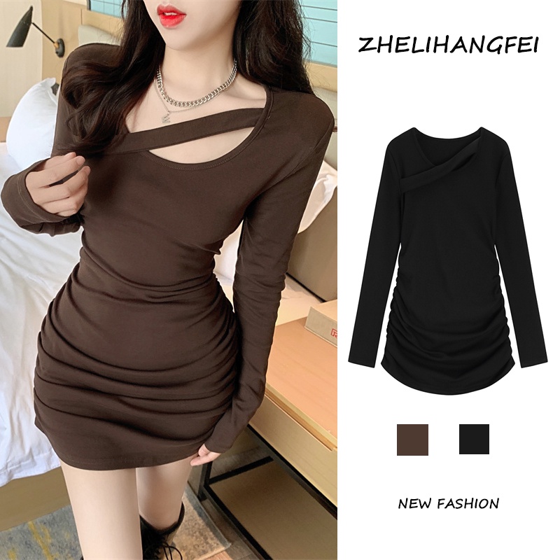 ZHELIHANGFEI Đầm Ngắn Tay Dài Nhấn Eo Thời Trang Quyến Rũ Cho Nữ