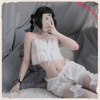 1199-Đồ ngủ sexy nữ 2 dây Bộ ngủ hai dây Set ngủ vải đũi mỏng màu trắng gợi cảm