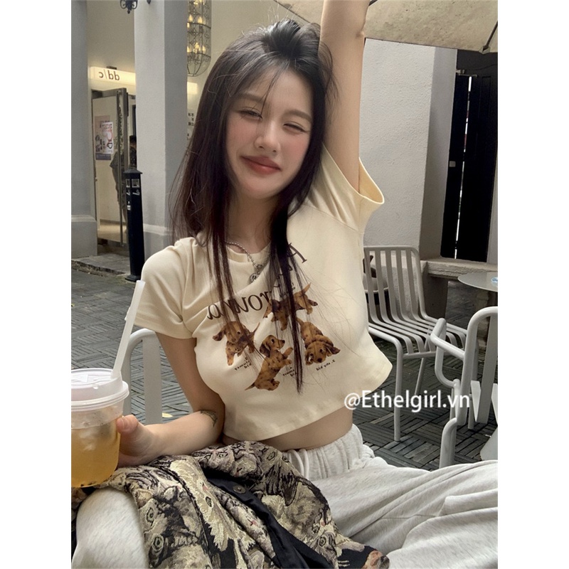 Ethelgirl Áo Thun Lửng Ngắn Tay In Họa Tiết Thời Trang Dành Cho Nữ