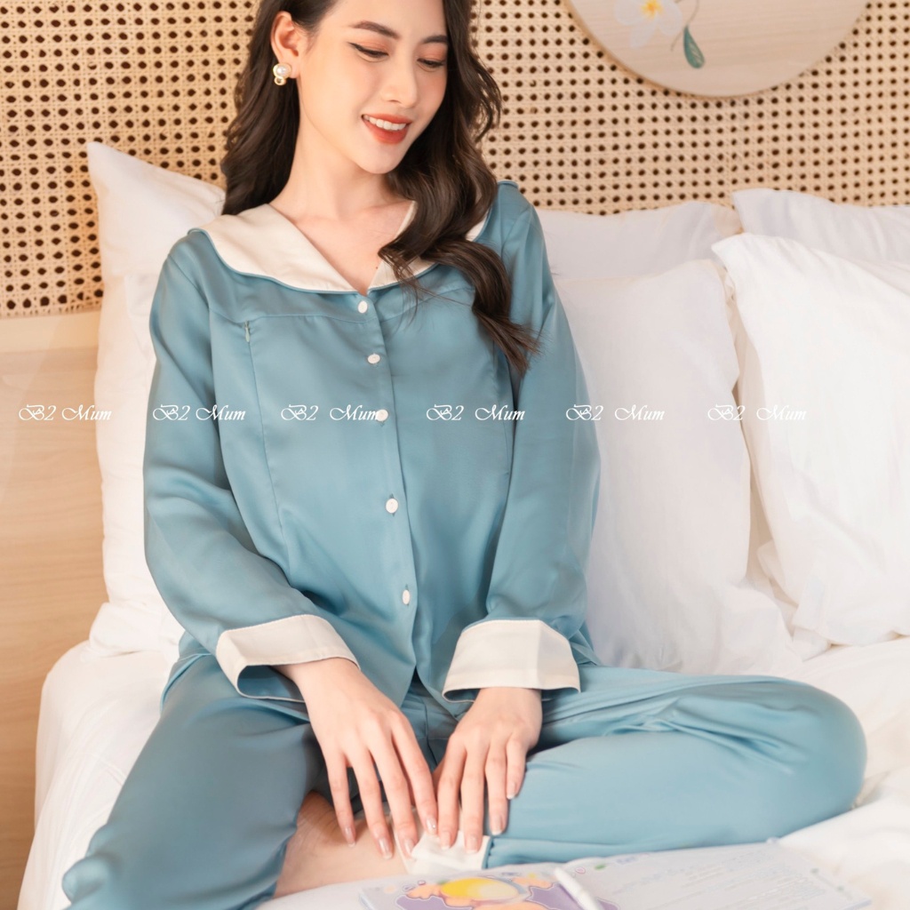 Bộ pijama bầu và sau sinh chất lụa ngọc trai cao cấp quần có chun chỉnh bụng áo có khóa cho bé ti B2 Mum