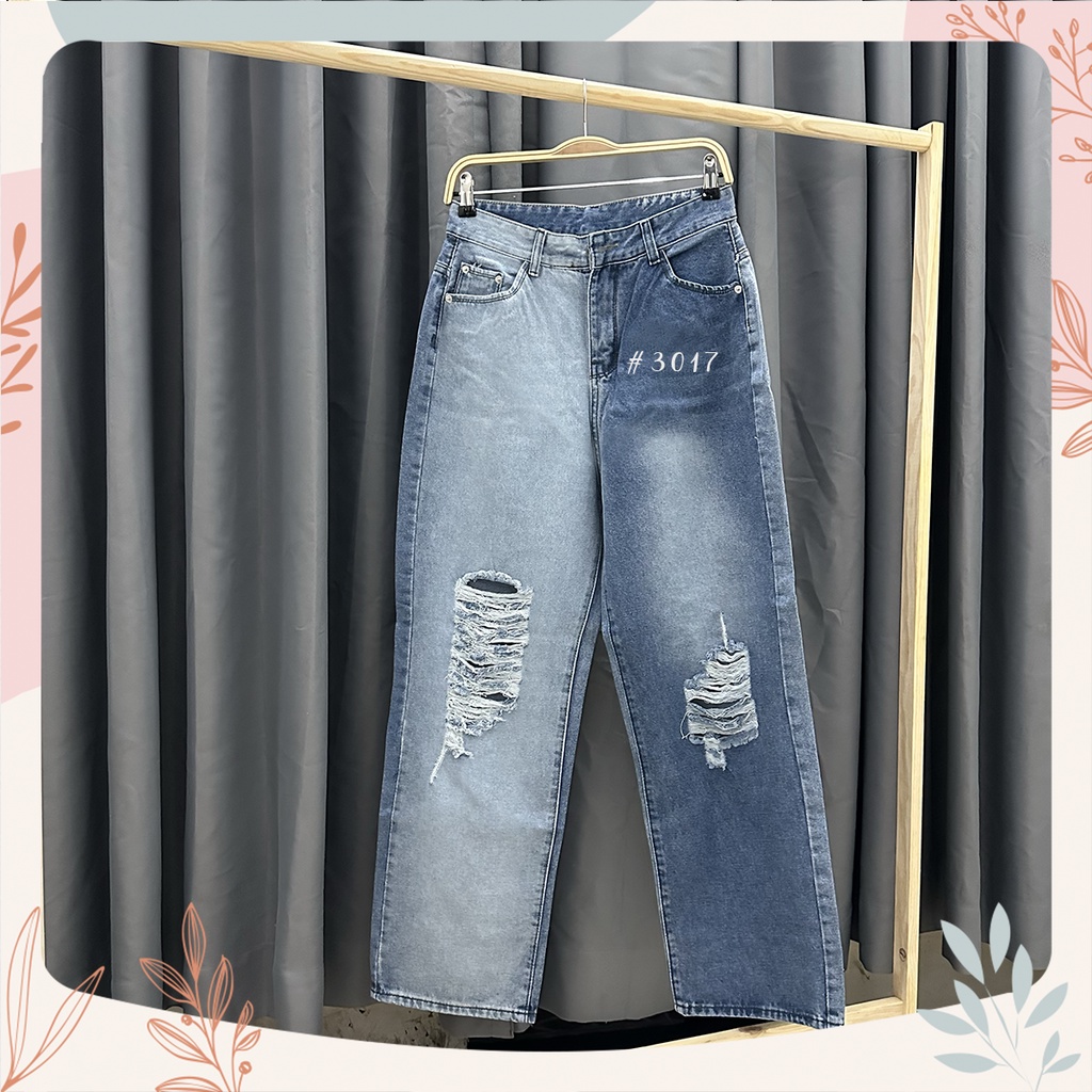 [Bigsize 55-84kg] Quần Suông Dài Ống Rộng Ombre Rách 3017, Lưng Cao, Không Giãn, Dài 105cm