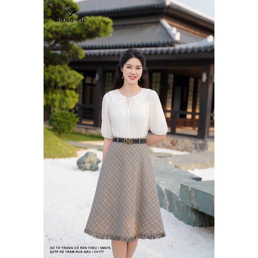 Áo tơ trắng nữ thiết kế Hong Vic cổ ren thêu SM475