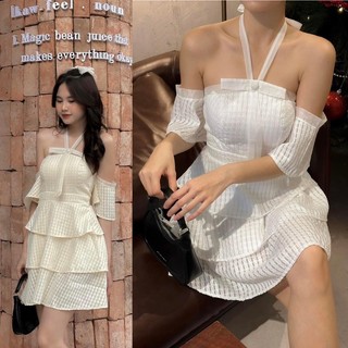 Đầm tầng rớt vai nhún lưng thun cổ yếm nơ ngực