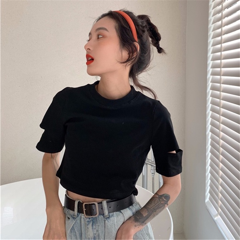 Áo croptop SUXI tay ngắn cổ tròn dáng ôm phong cách tối giản cho nữ