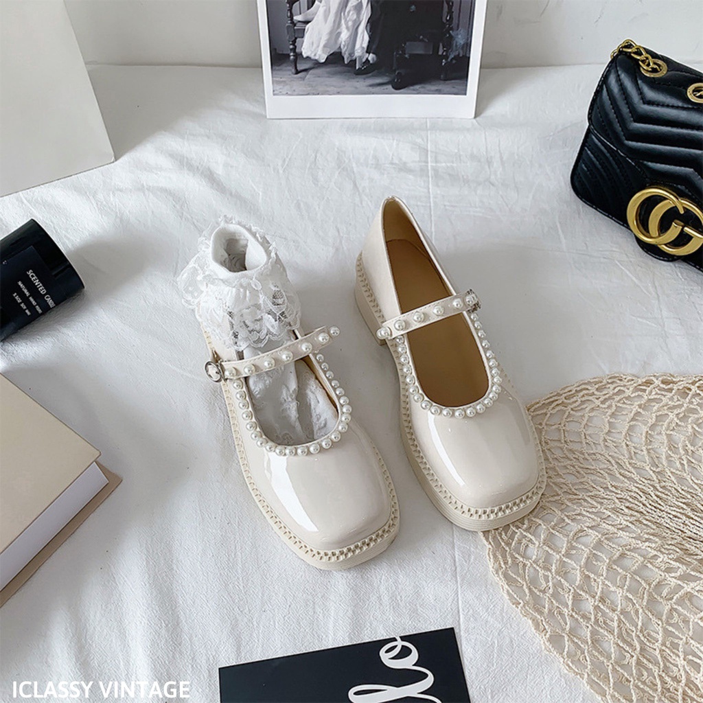 Giày Lolita Ulzzang Vintage, Giày Mary Jane Mũi Vuông Đính Ngọc Phần Viền Và Quai Đế Cao 5cm Hàn Quốc-Iclassy_shoes