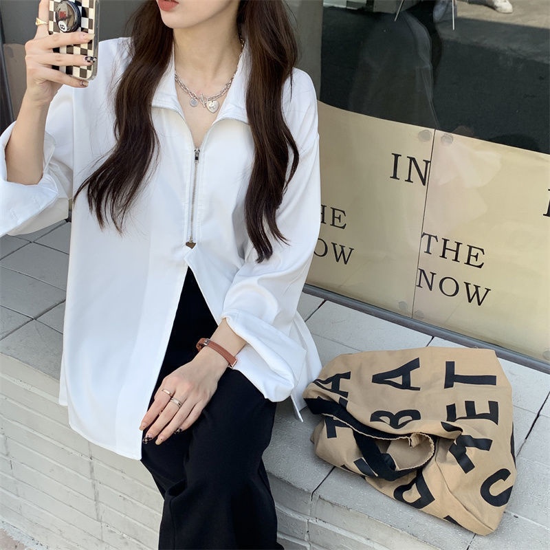 Áo sơ mi COZOKC tay dài màu trơn có khóa kéo thời trang