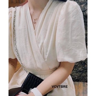 Váy Cổ V Tay Bồng Rút Eo Tiểu Thư