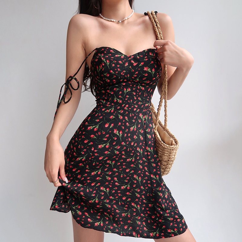 Đầm Hai Dây Dáng Chữ A In Họa Tiết Hoa Thời Trang Xinh Xắn Cho Nữ