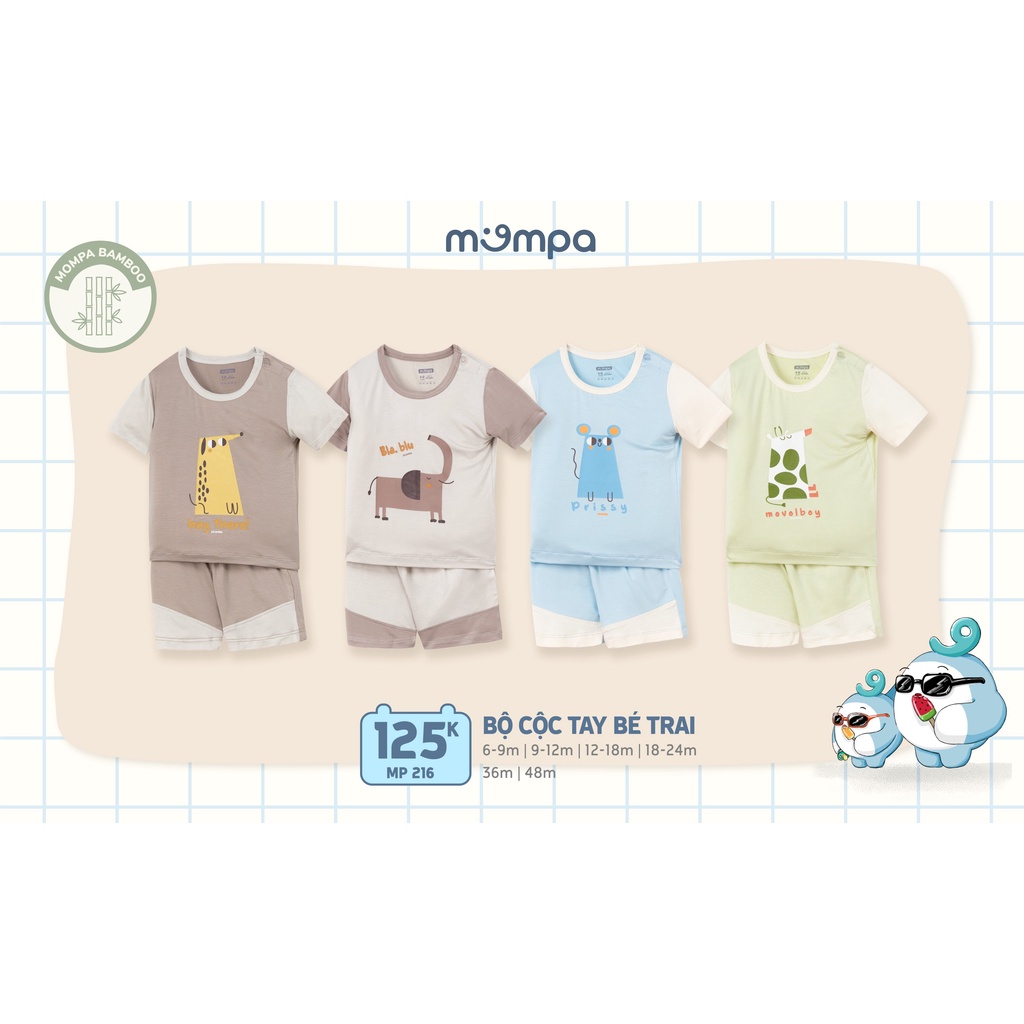 Bộ quần áo cộc tay cho bé từ 6M~4 tuổi Mompa - Chất vải tre, 4 màu lựa chọn MP216