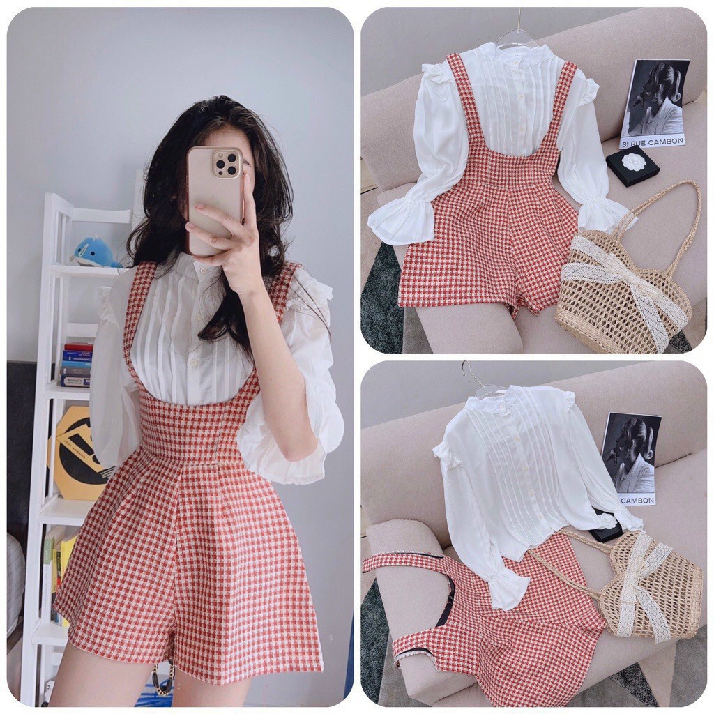 [3.3 Sales Freeship]Set yếm đùi Hàn quốc,set yếm dạ caro hồng 2 dây xòe phối áo sơ mi trắng tay dài cổ xếp ly siêu xinh