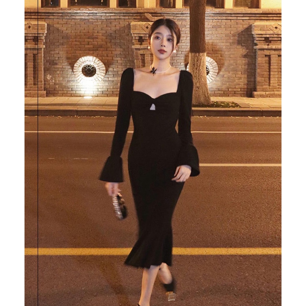 ĐẦM MIDI BODY ĐEN TAY LOE ĐUÔI CÁ KHOÉT NƠ NGỰC