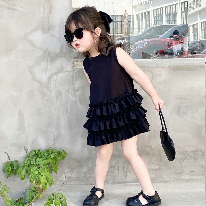 Đầm Công Chúa Sát Nách Màu Đen Phong Cách Hàn Quốc Cho Bé Gái