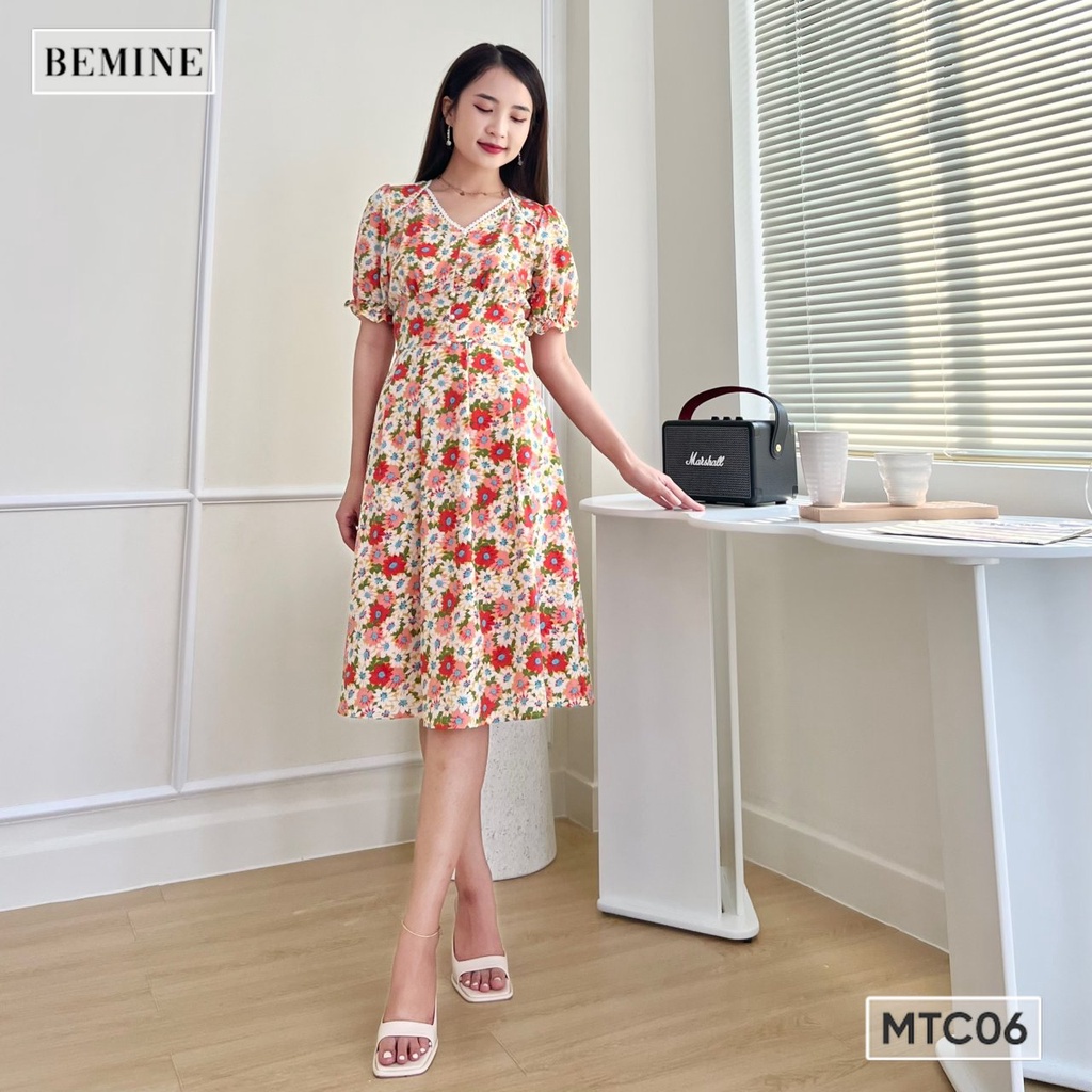 Đầm tay phồng cổ tim phối ren BEMINE MTC06