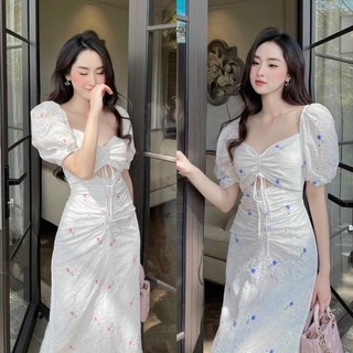 Đầm midi xô trắng thêu hoa nhí rút ngực cut-out tay phồng