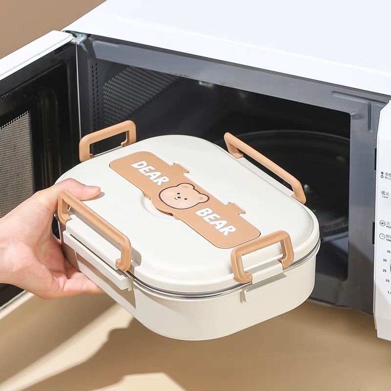 Hộp Cơm Giữ Nhiệt DEAR BEAR Kèm Muỗng Và Đũa, Chất Liệu PP Và Inox 304 An Toàn, Tặng Túi Xách