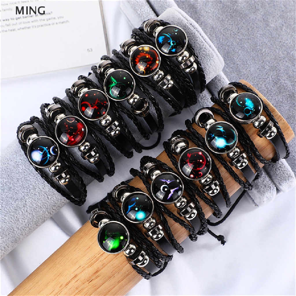 Vòng Đeo Tay Dây Da Bện Mặt 12 Cung Hoàng Đạo Thời Trang Dành Cho Nam