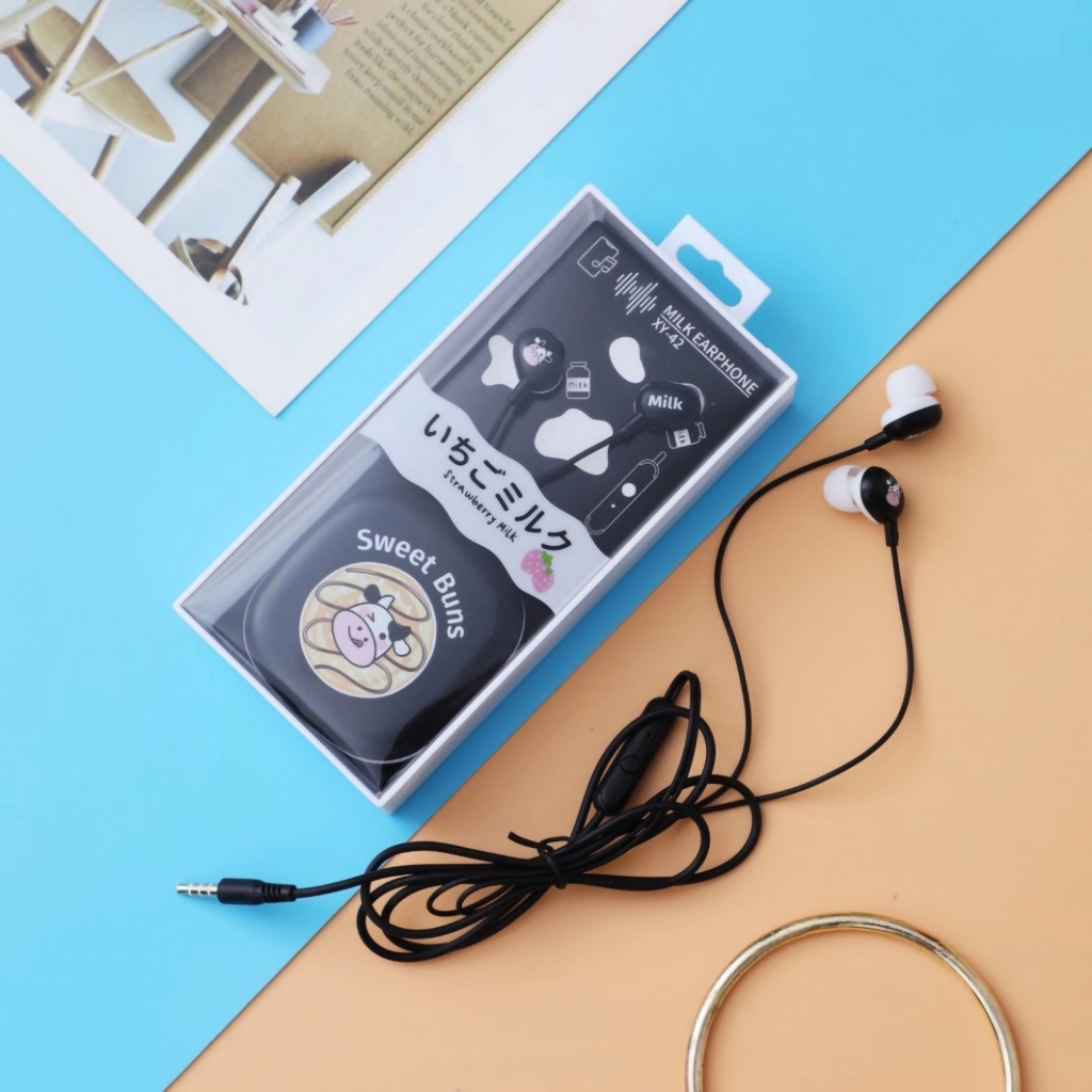 Tai nghe nhét tai LENOVO có dây giắc cắm 3.5mm giảm tiếng ồn có hộp đựng họa tiết bò sữa hoạt hình đáng yêu