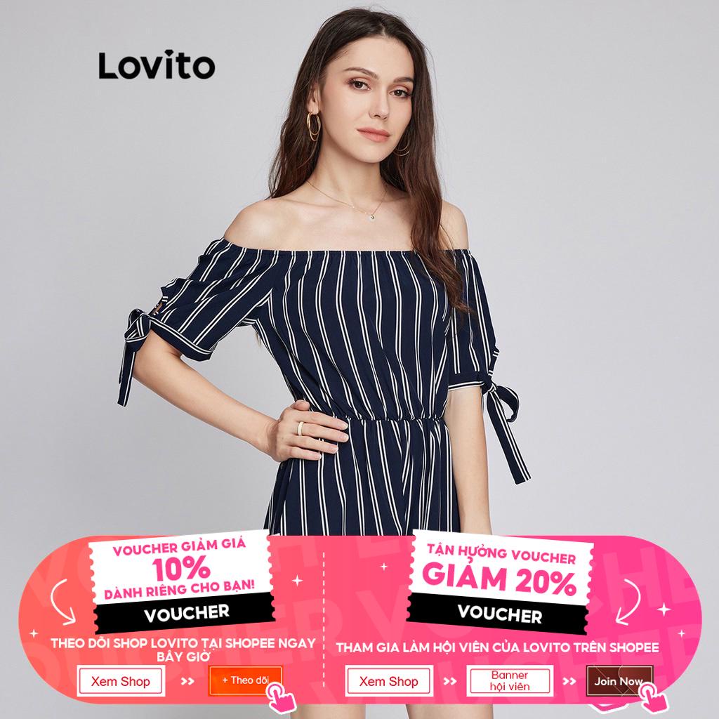 Áo liền quần Lovito phong cách boho kẻ sọc thắt nút hở vai eo co giãn L26LD080 (màu xanh lam)