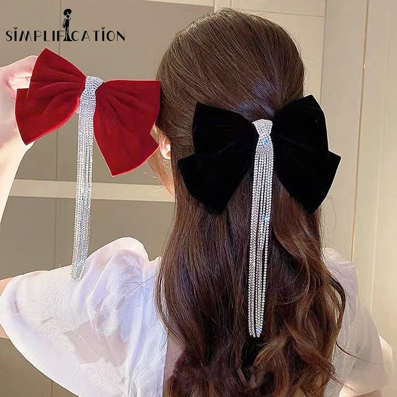 Kẹp Tóc Nơ Tua Rua Đính Đá Lấp Lánh Thời Trang Cho Nữ