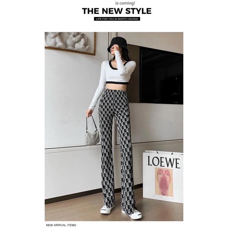 Quần Dài Lưng Cao Ống Rộng Xẻ Tà Vải Lụa Lạnh In Chữ Thời Trang Xuân Hè Cho Nữ